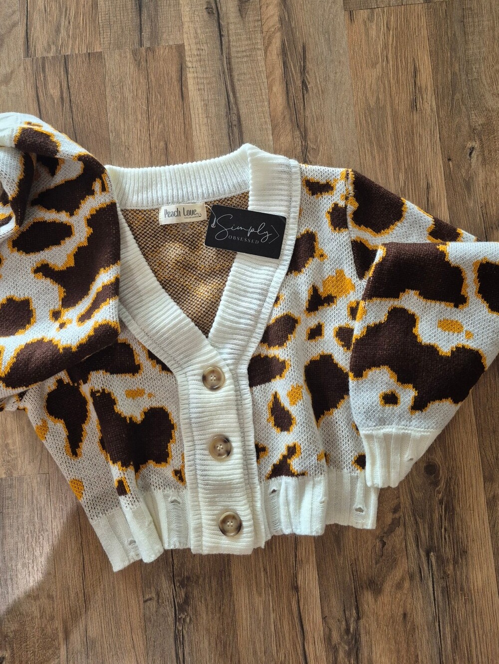 Peach Love California Leopard-Print Cardigan — Cream, Brown & Yellow. NWT!